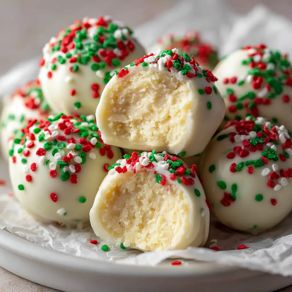 A close-up shot of No-Bake Christmas Cheesecake Bites on parchment paper. One bite is sliced in half revealing its dense, creamy, pale-yellow cheesecake filling.