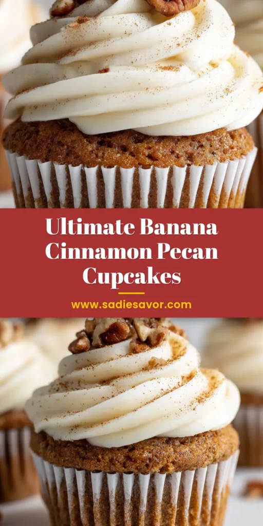 A tall, frosted Banana Cinnamon Pecan Cupcake with a high swirl of cream cheese, dusted with cinnamon and chopped pecans.