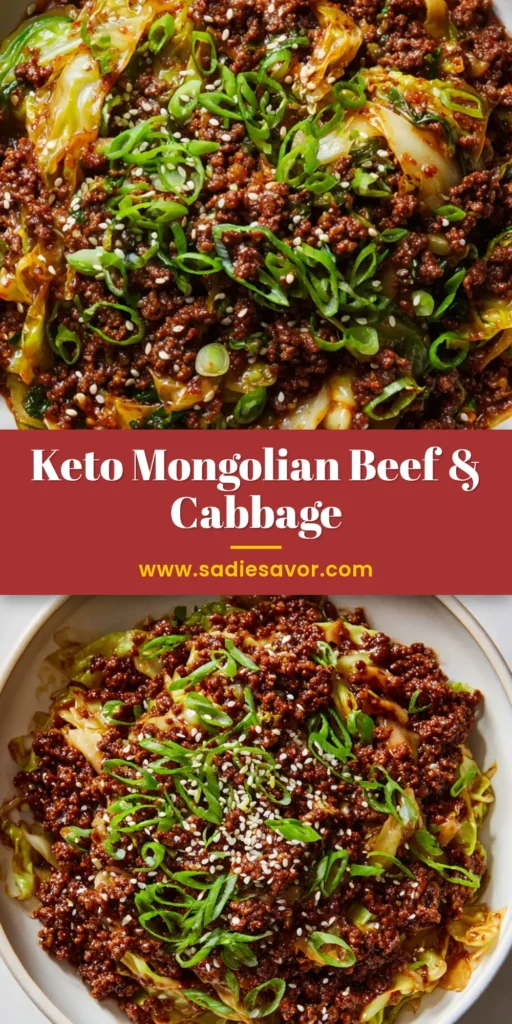 A top-down view of a shallow white bowl filled with Low-Carb Mongolian Ground Beef. The dish has a base of wilted cabbage topped with crumbly ground beef in a glossy dark sauce, garnished with sesame seeds and scallions.