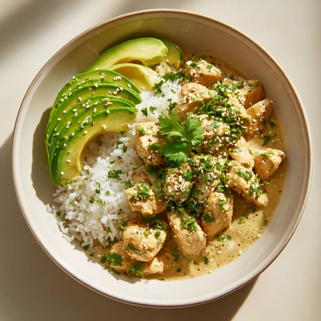 A close-up shot showing the texture of the creamy coconut sauce on chicken, with fresh cilantro and sesame seeds on top.
