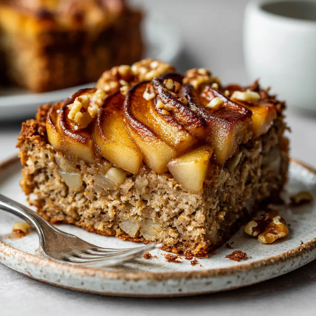 A close-up view of the moist, dense texture of the Healthy Oatmeal Apple Cake, showing the tender diced apples baked inside.