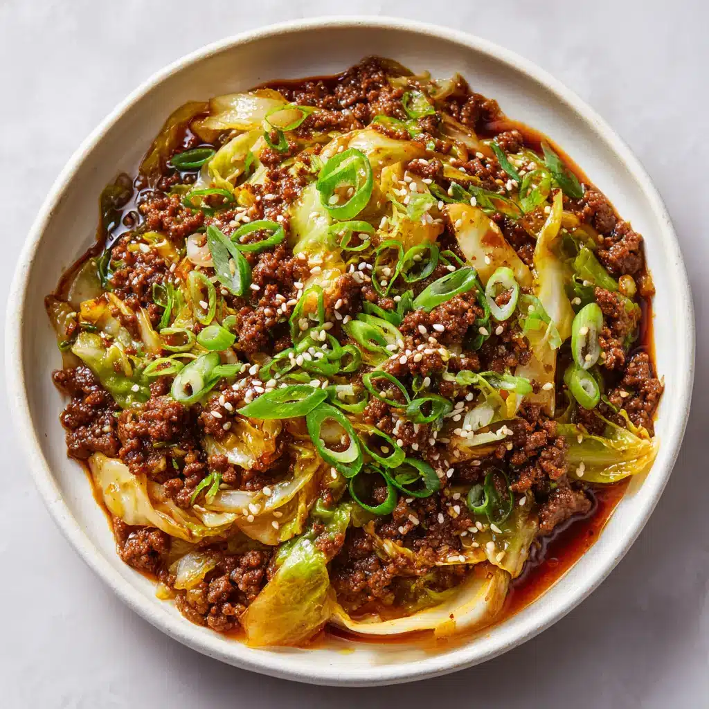 A close-up shot of the Low-Carb Mongolian Ground Beef in a white bowl, highlighting the glossy texture of the savory sauce on the deeply browned beef and cabbage.