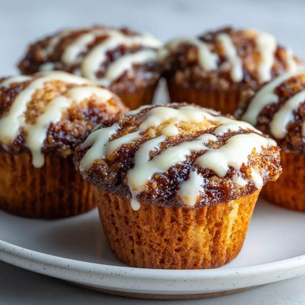Outstanding Cinnamon Roll Protein Muffins 1 Cinnamon Roll Protein Muffins drizzled with thick opaque white cream cheese icing on a simple ceramic plate.