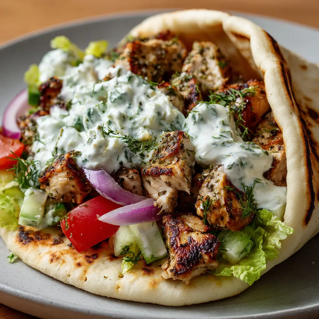An overhead shot of a Greek Chicken Gyro, highlighting the fresh toppings of diced tomato, red onion, and romaine lettuce.