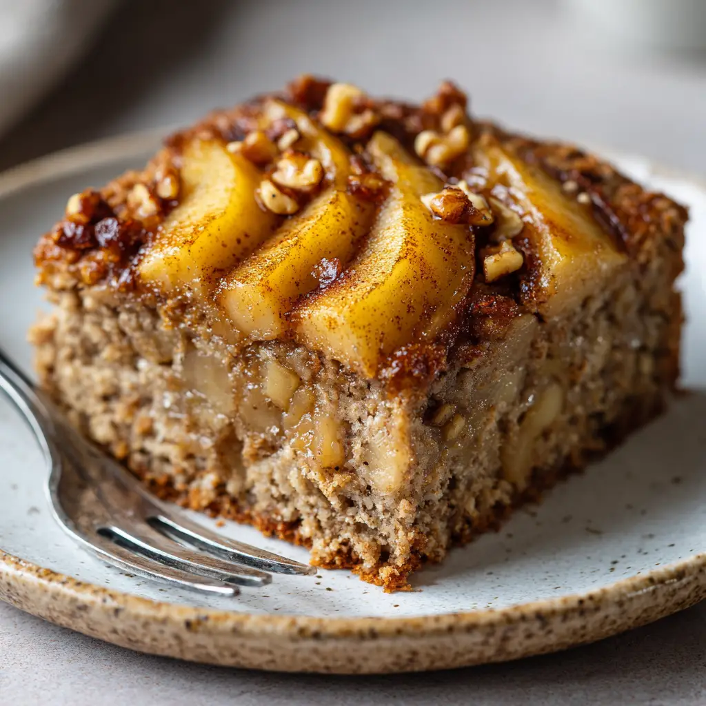 Healthy Oatmeal Apple Cake (The Perfect Breakfast Treat) 1 The beautiful golden-brown top of the Healthy Oatmeal Apple Cake, featuring overlapping caramelized apple slices and a sprinkle of walnuts.