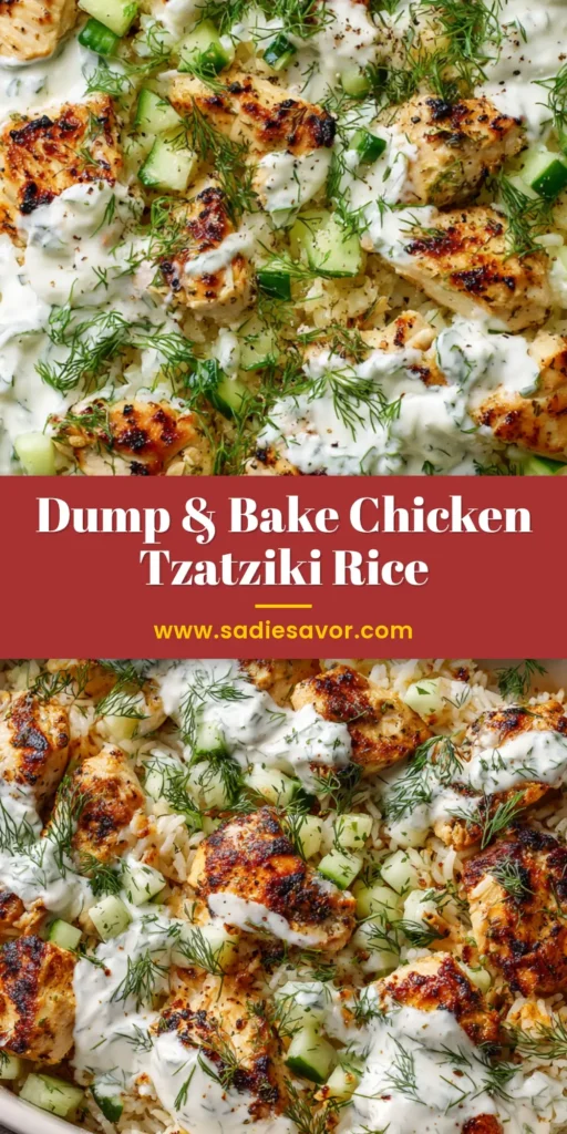 A top-down view of a rectangular baking dish with Dump and Bake Chicken, featuring golden chicken, fluffy rice, and a generous drizzle of creamy white tzatziki sauce, garnished with fresh dill and cucumber.