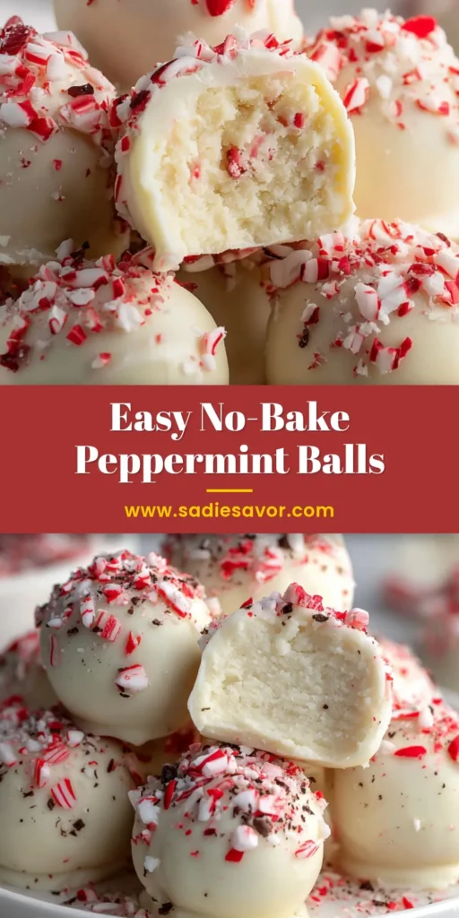 No-Bake Soft Peppermint Balls (Creamy & Fudgy) 4 A stack of No-Bake Soft Peppermint Balls on a white plate, with one cut open to show the creamy, fudgy interior and white chocolate shell.