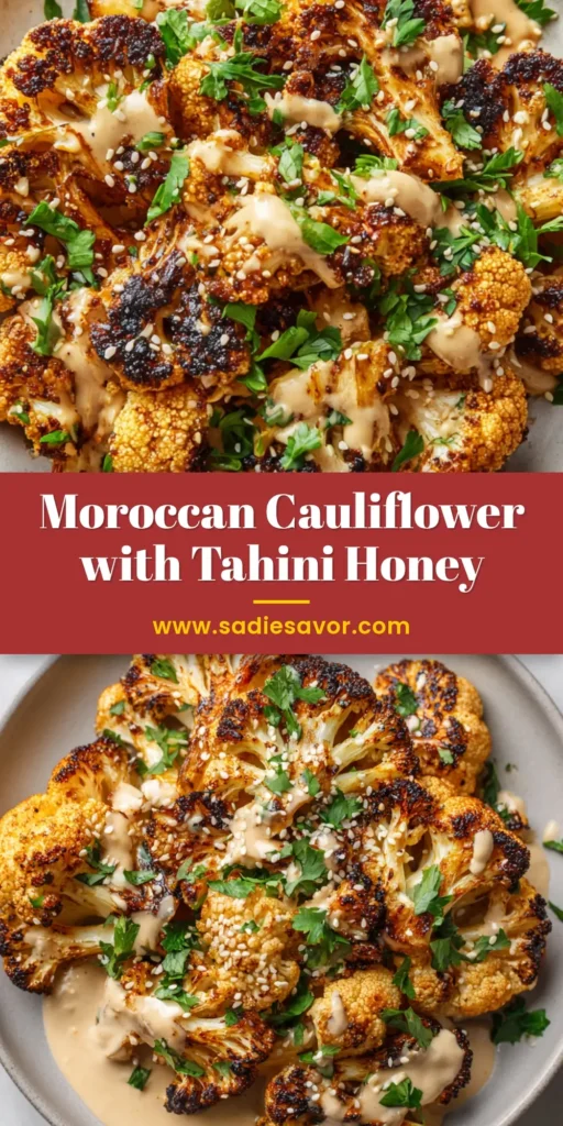 An overhead view of Moroccan Cauliflower on a rustic white plate. The roasted cauliflower has charred edges, a golden spice coating, and is drizzled with a creamy tahini-honey sauce and garnished with parsley and sesame seeds.