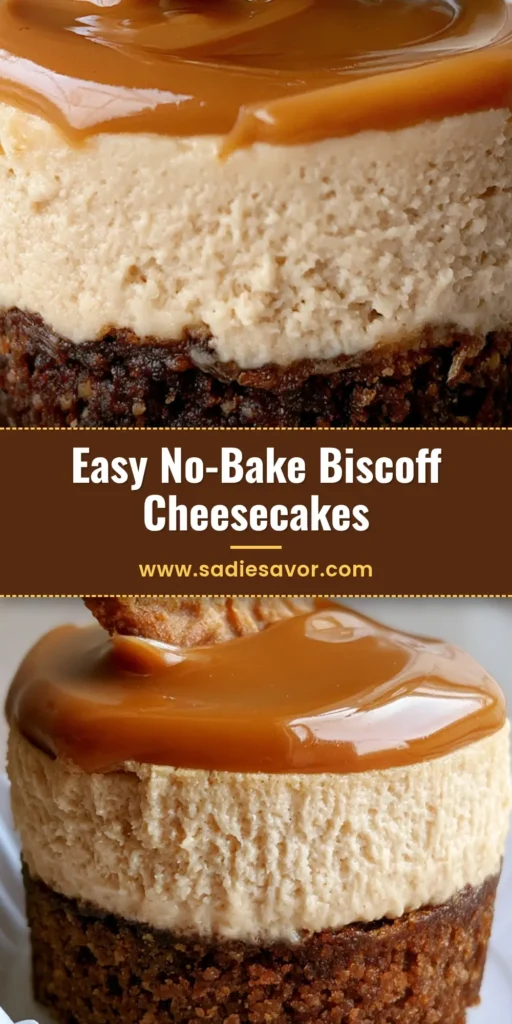 No-Bake Biscoff Cheesecake: The Ultimate Mini Cookie Butter Delights 4 A close-up vertical shot of a mini No-Bake Biscoff Cheesecake in a white paper liner, featuring a thick cookie crust, beige filling, and glossy melted cookie butter on top.