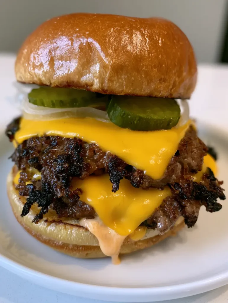 Smash Burger: The Ultimate Crispy Lacy Edge Recipe 1 Close up of jagged charred lacy edges on a beef patty with melted cheese.