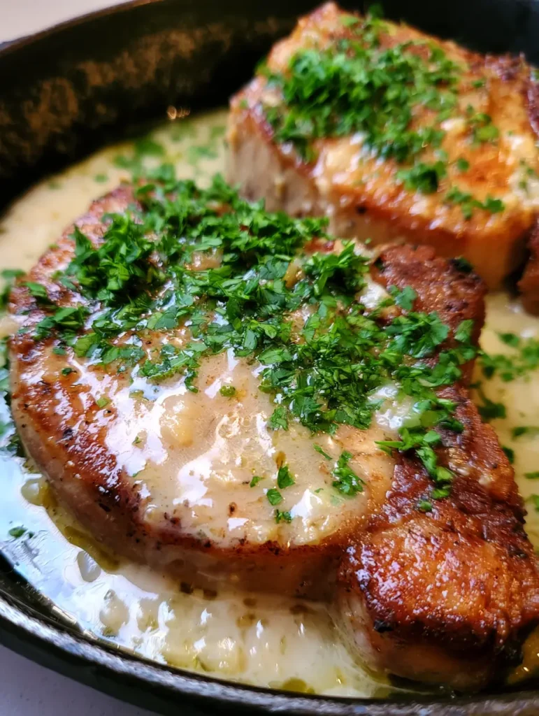Close up of seared pork chops showing the thick ivory garlic cream sauce and minced garlic bits. (Creamy Garlic Pork Chops)