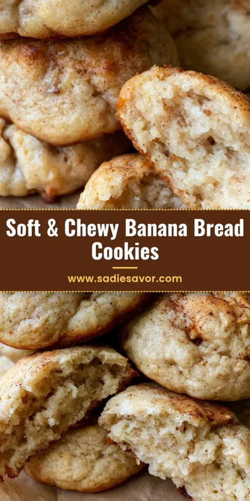 A stack of thick, soft-baked Banana Bread Cookies on wrinkled brown parchment paper, showing a moist cake-like center and golden-brown edges.