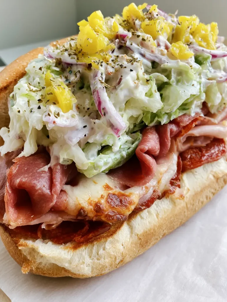 Close-up of a handheld Italian Grinder Salad Sandwich showing the layers of folded salami, melted cheese, and herb-dressed lettuce.