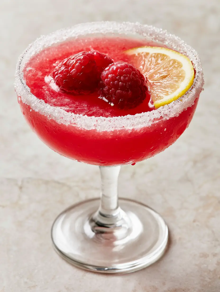 Raspberry Lemon Drop Cocktail: The Ultimate Vibrant Summer Sipper 3 A bright magenta Raspberry Lemon Drop Cocktail with a thick sugar rim and fresh berry garnish on a marble surface.
