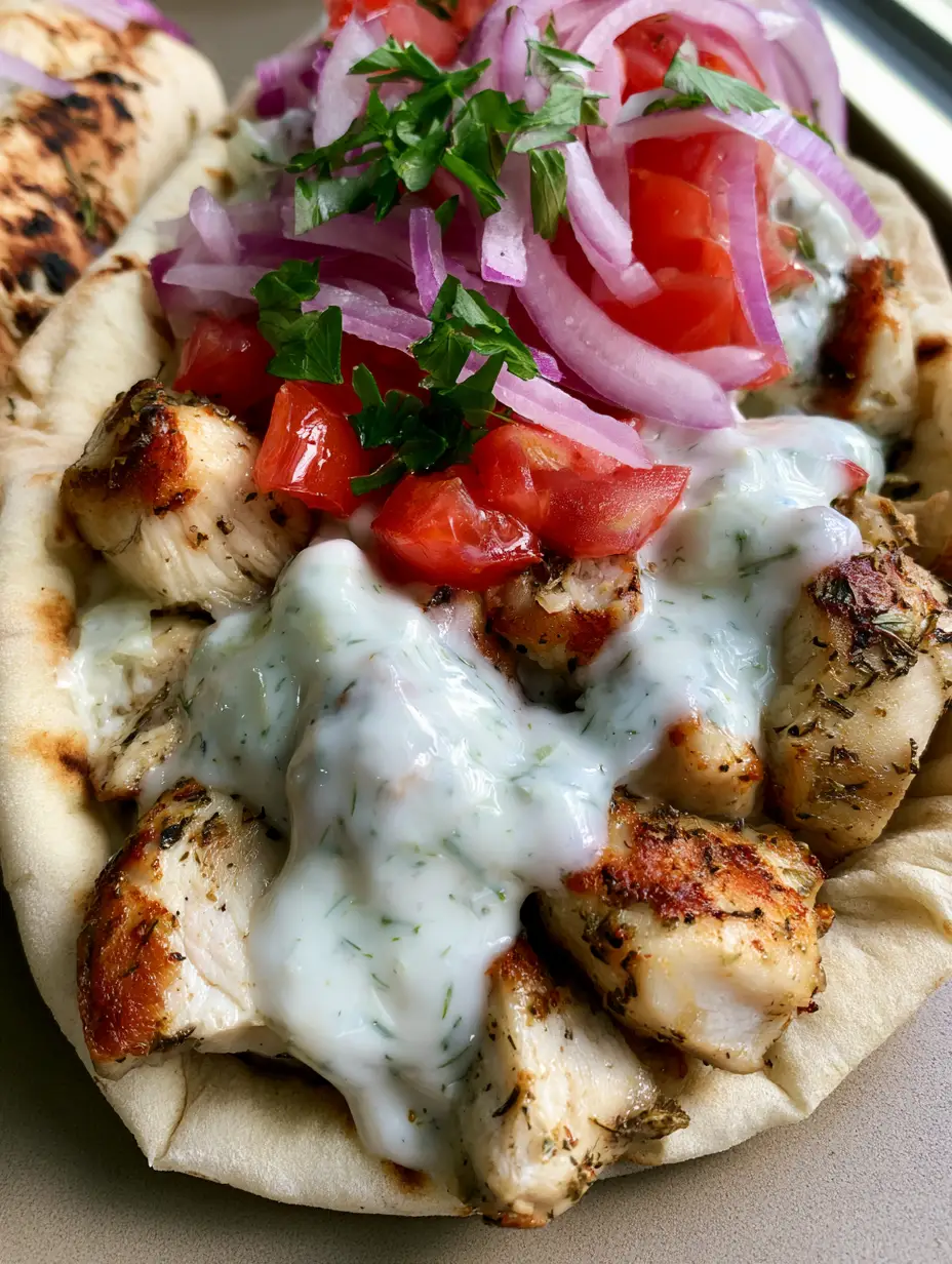 Close up of Greek Chicken Gyros showing seared chicken breast and thick tzatziki with dill specks.
