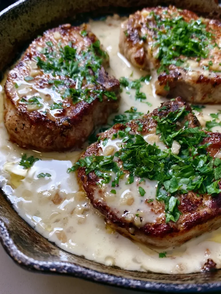 Creamy Garlic Pork Chops: The Ultimate 30-Minute Skillet Dinner 1 Smartphone photo of pork chops in a cast iron skillet garnished with vibrant green parsley.