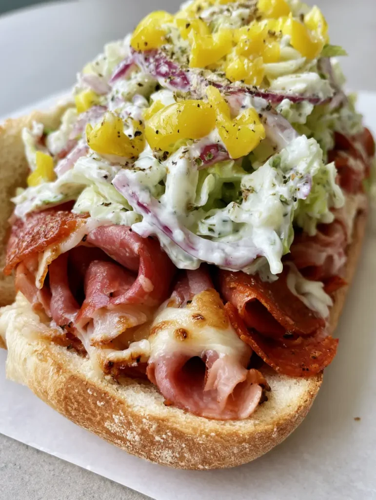 Detailed view of the creamy grinder salad topping with visible pepperoncinis and dried oregano on an Italian sub.