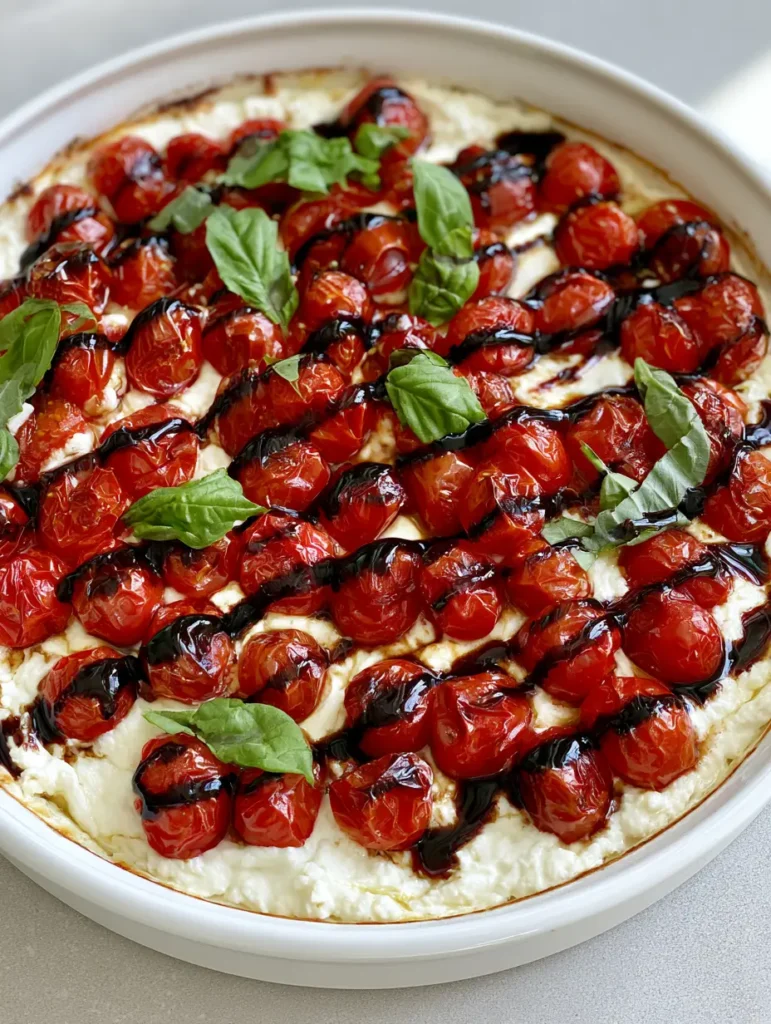 Close up shot of the dark balsamic glaze drizzled over the Three-Cheese Tomato Bruschetta Dip.