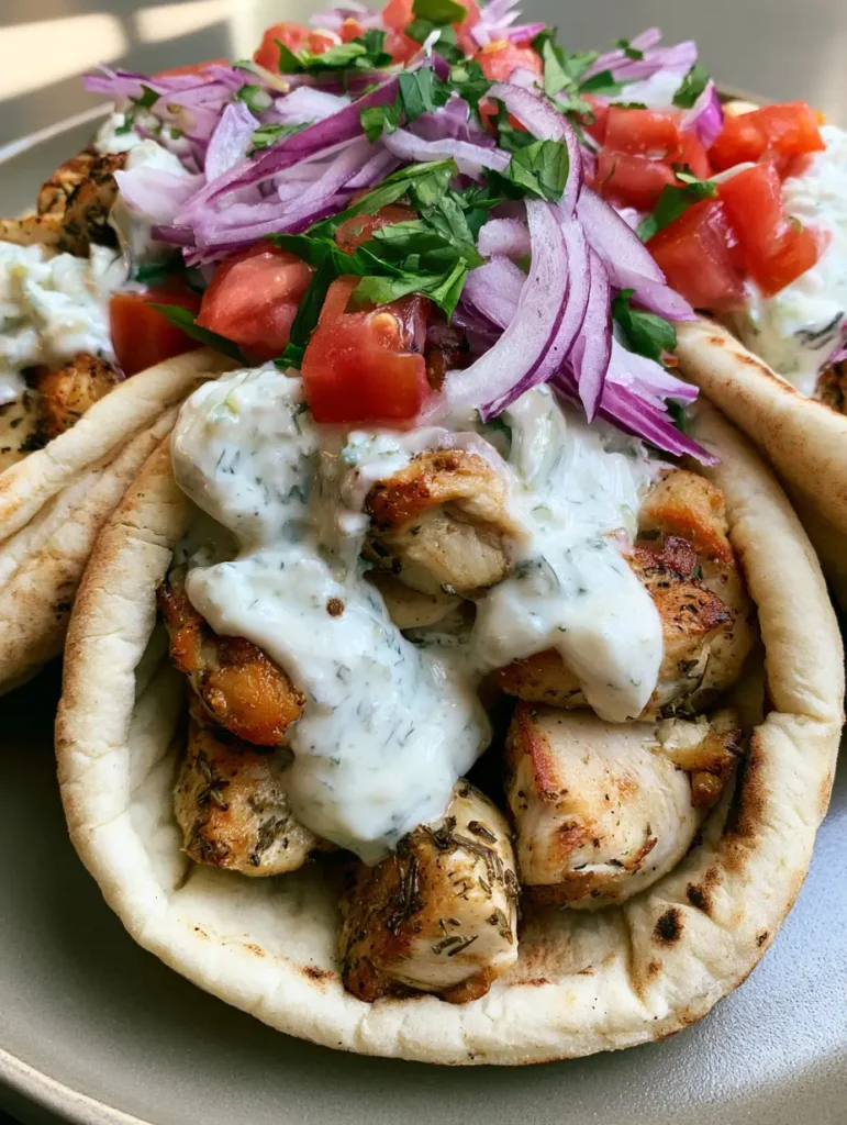A smartphone photo of two Greek chicken gyros resting on a neutral matte surface in natural light.