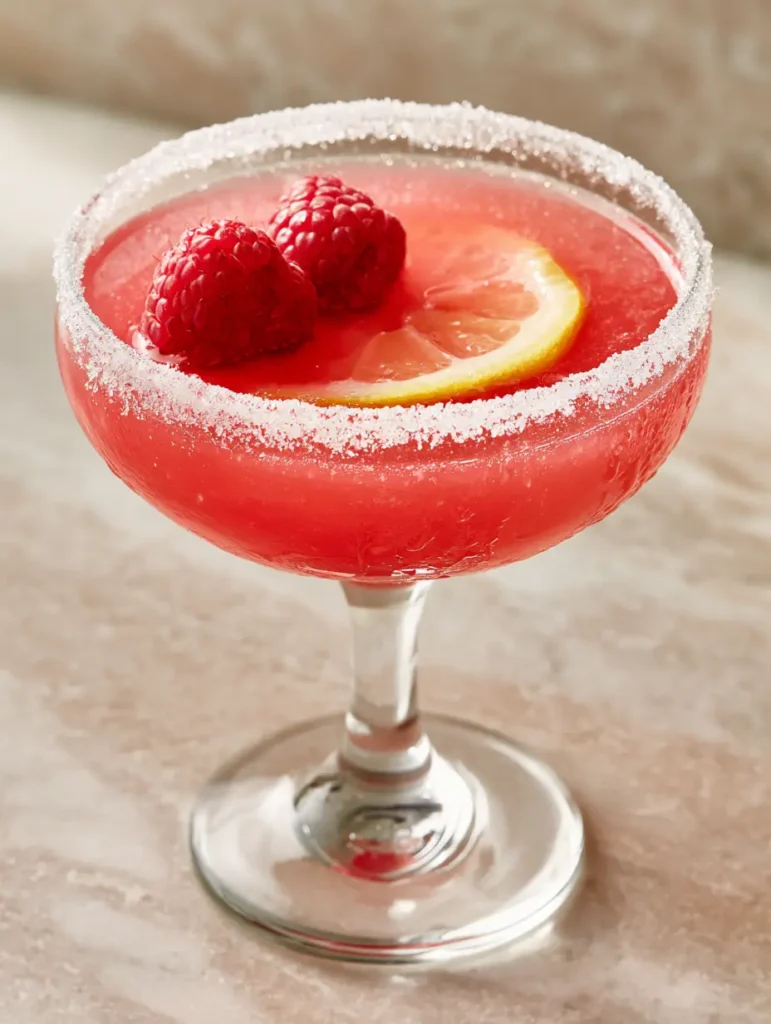 Raspberry Lemon Drop Cocktail: The Ultimate Vibrant Summer Sipper 1 Close up of a Raspberry Lemon Drop Cocktail showing condensation on the glass and the sparkling sugar rim.