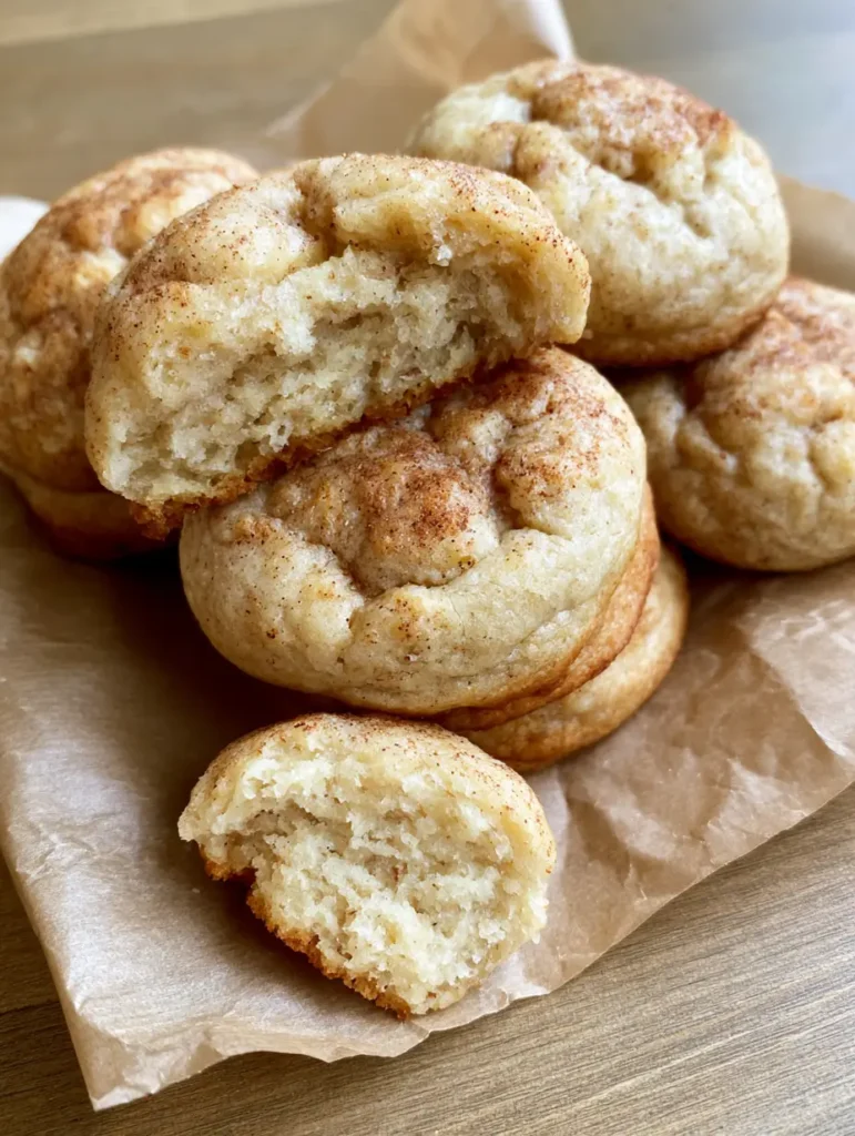 A broken Banana Bread Cookie revealing a soft, cake-like center on a neutral wooden tabletop.