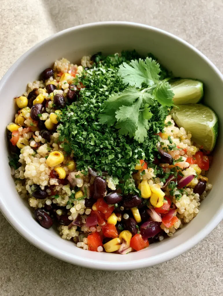 Close up of individual grains of fluffy white quinoa mixed with matte black beans and red bell peppers in a ceramic bowl. (Black Bean and Corn Quinoa Salad)