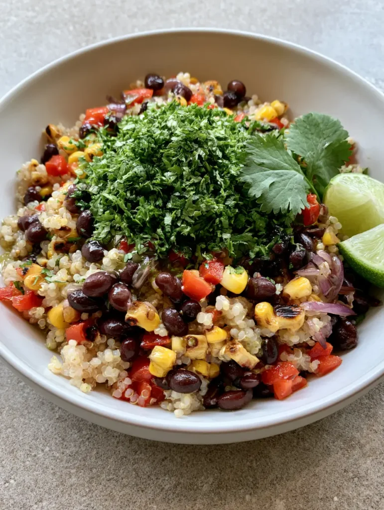 Black Bean and Corn Quinoa Salad: The Ultimate Zesty Meal Prep 1 Top down view of Black Bean and Corn Quinoa Salad showing charred corn kernels and a translucent lime vinaigrette sheen.