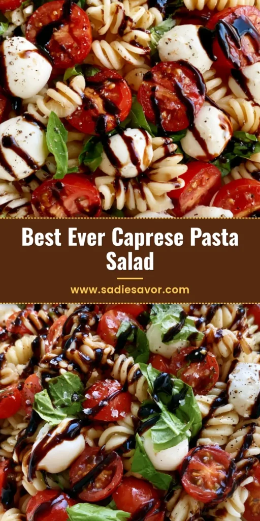 Caprese Pasta Salad with Thick Balsamic Glaze 4 A high-angle view of Caprese Pasta Salad in a white bowl featuring rotini, mozzarella pearls, cherry tomatoes, and a thick balsamic glaze drizzle.