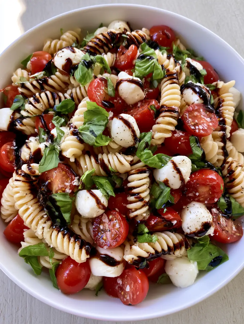 Close up of al dente rotini pasta spirals mixed with bright red cherry tomatoes and white mozzarella pearls for a Caprese Pasta Salad.