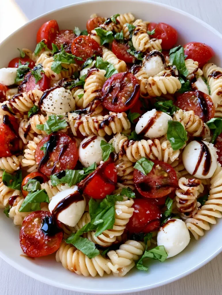 Caprese Pasta Salad with Thick Balsamic Glaze 1 A wide ceramic bowl filled with Caprese Pasta Salad, showing the high-contrast ebony balsamic glaze drizzled over the top.
