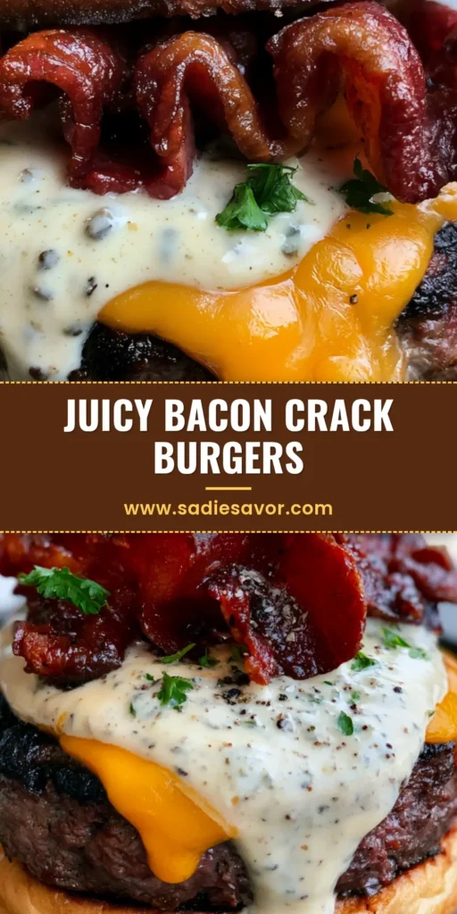 Crack Burgers: The Ultimate Ranch and Bacon Loaded Gourmet Burger 3 A tall, gourmet Crack Burger with molten cheddar, crispy bacon, and ranch sauce on a toasted bun.