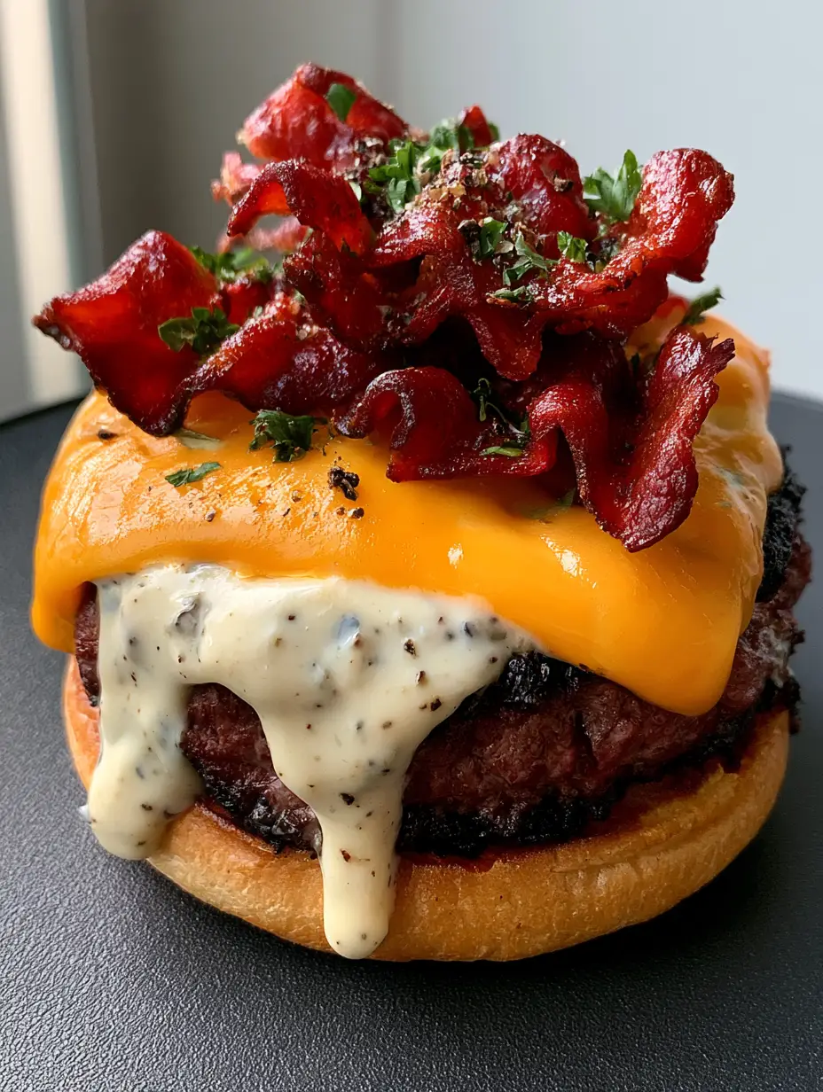 Crack Burgers: The Ultimate Ranch and Bacon Loaded Gourmet Burger 4 Close up of a seared beef patty with molten cheddar and dripping ranch sauce for Crack Burgers.