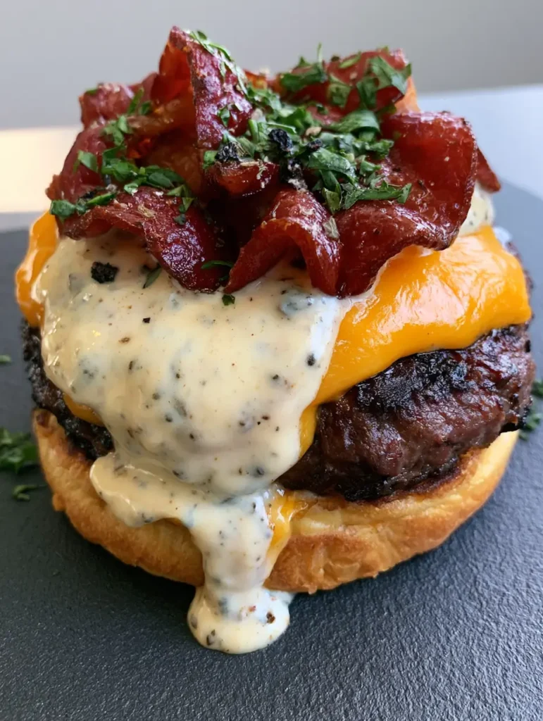 Crack Burgers: The Ultimate Ranch and Bacon Loaded Gourmet Burger 1 Handheld smartphone photo of a finished Crack Burger featuring wavy bacon and fresh parsley.