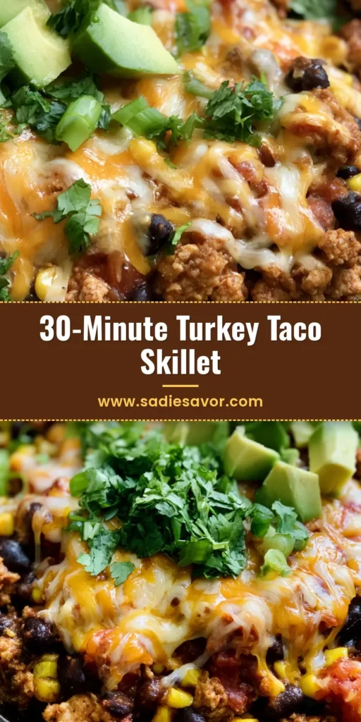 Ground Turkey Taco Skillet: The Ultimate 30-Minute One-Pan Dinner 3 A seasoned black cast iron skillet filled with Ground Turkey Taco Skillet topped with melted Mexican cheese, avocado cubes, and fresh cilantro.