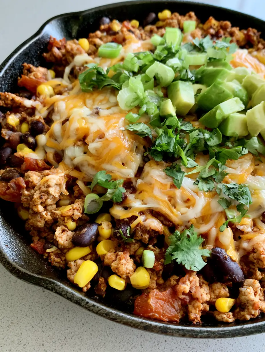 Ground Turkey Taco Skillet: The Ultimate 30-Minute One-Pan Dinner 4 Close up handheld photo of Ground Turkey Taco Skillet showing crumbly turkey, yellow corn, and gooey orange and white melted cheese.
