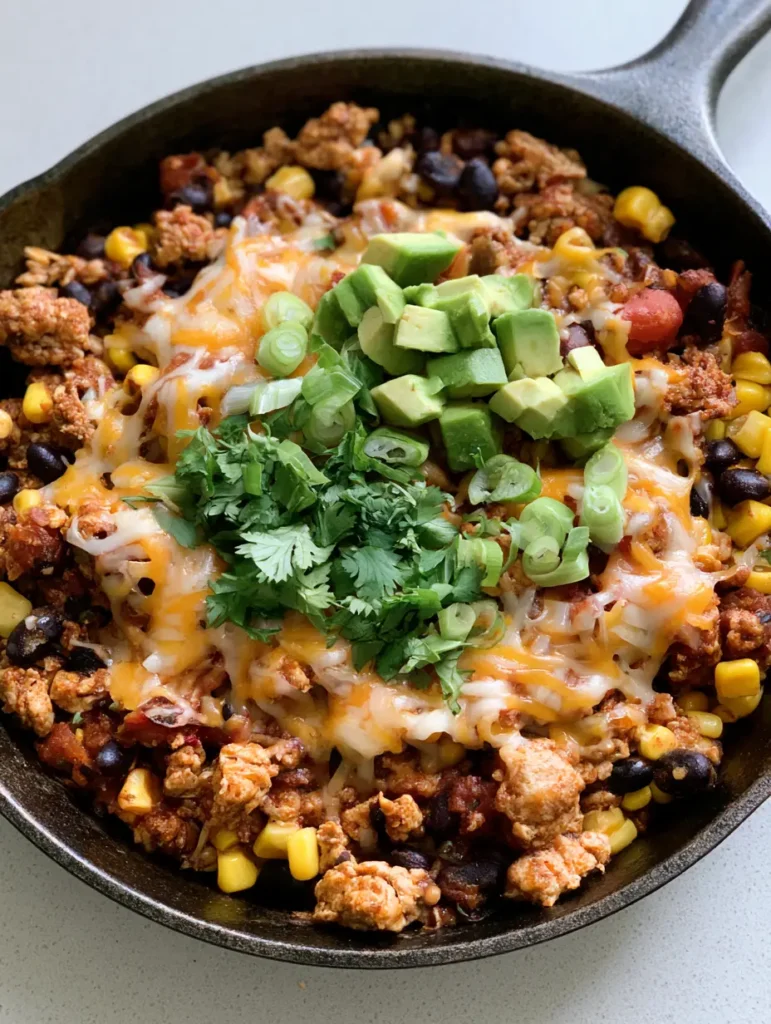 Ground Turkey Taco Skillet: The Ultimate 30-Minute One-Pan Dinner 1 Ground Turkey Taco Skillet garnishes featuring fresh hand-torn cilantro, sliced green onions, and ripe green avocado cubes.