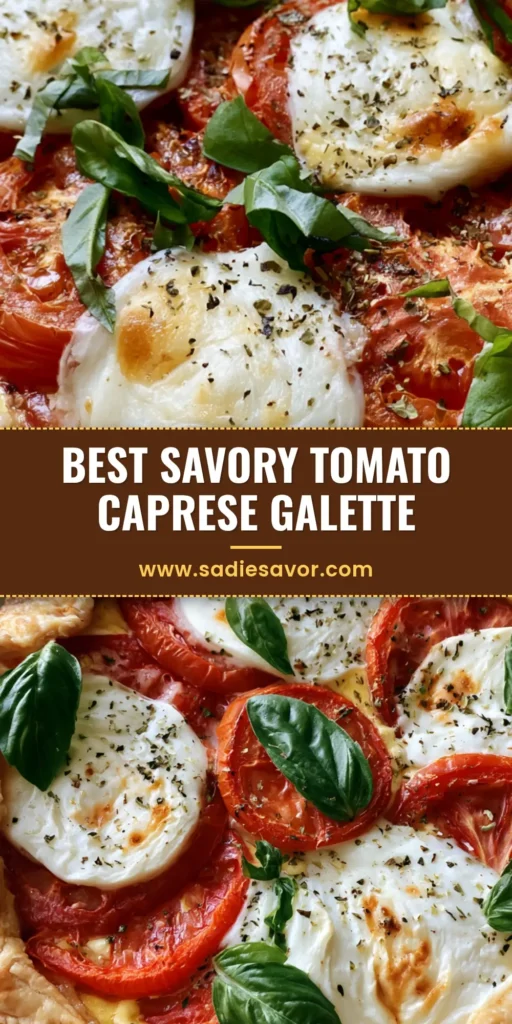 Caprese Galette with Roasted Tomatoes and Fresh Mozzarella 4 A close-up of a rustic Caprese Galette featuring a golden crimped crust, melted fresh mozzarella, and roasted red tomatoes. (Caprese Galette)