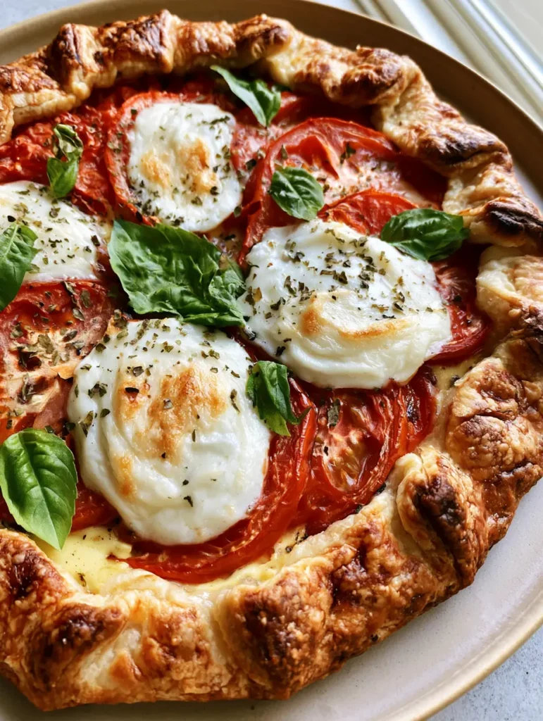 Caprese Galette with Roasted Tomatoes and Fresh Mozzarella 2 Overhead view of a savory Caprese Galette with overlapping tomatoes and mozzarella on a light plate. (Caprese Galette)