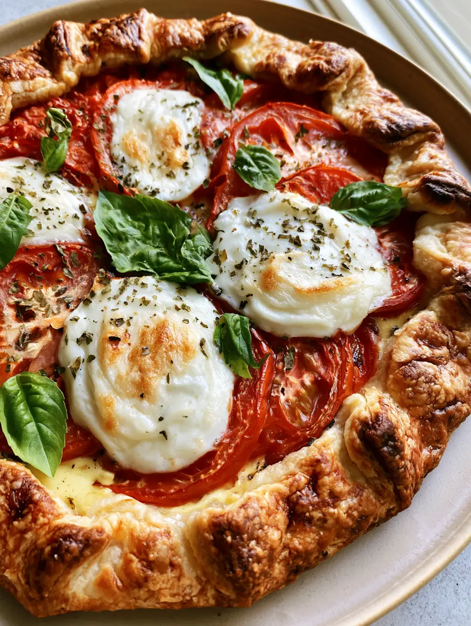 Caprese Galette with Roasted Tomatoes and Fresh Mozzarella 3 Overhead view of a savory Caprese Galette with overlapping tomatoes and mozzarella on a light plate. (Caprese Galette)