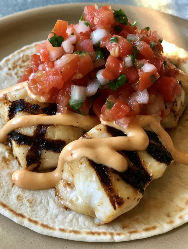 Grilled Fish Tacos with Creamy Spicy Mayo and Fresh Pico de Gallo 2 Handheld smartphone photo of a single Grilled Fish Taco with distinct dark brown grill marks on flaky white fish and a pale orange mayo zigzag.