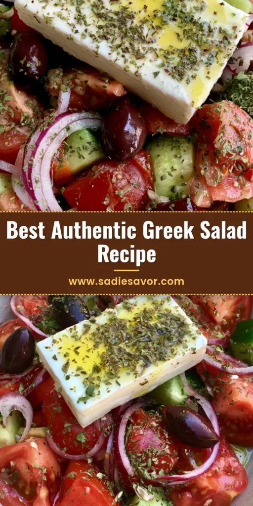 Authentic Greek Salad: The Only Traditional Horiatiki Recipe You Need 4 A vertical photo of an Authentic Greek Salad in a rustic bowl with a thick slab of feta, whole olives, and rough-cut tomatoes.