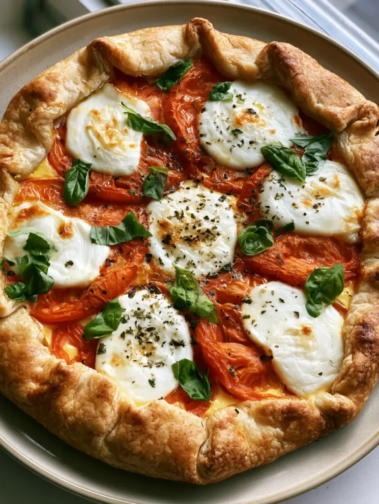 Caprese Galette with Roasted Tomatoes and Fresh Mozzarella 1 Slices of Caprese Galette showing the creamy egg custard and flaky buttery crust layers.