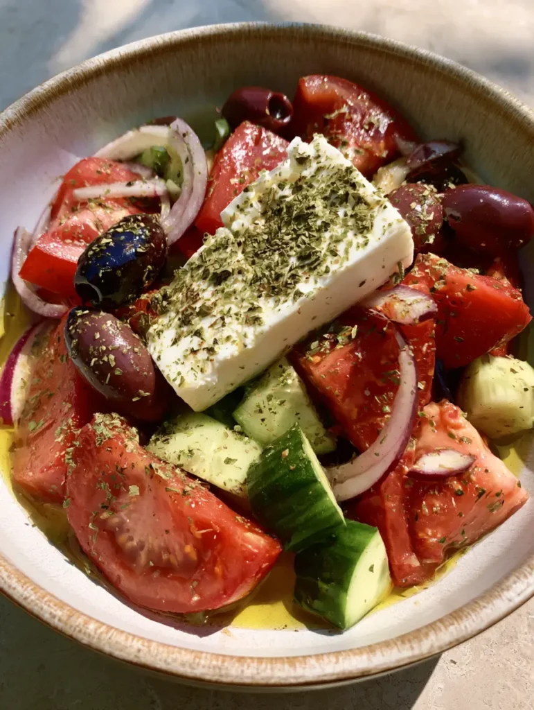 Authentic Greek Salad: The Only Traditional Horiatiki Recipe You Need 2 A rustic ceramic bowl filled with large, rough-cut chunks of juicy red tomatoes and crisp unpeeled green cucumbers for an Authentic Greek Salad.