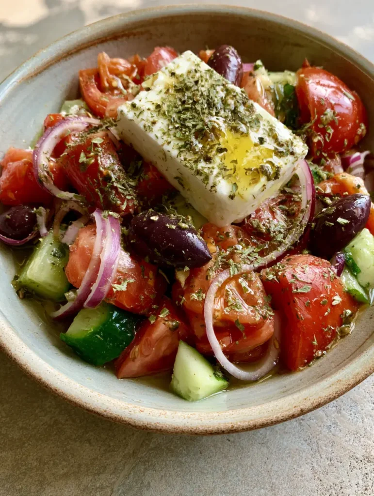 Authentic Greek Salad: The Only Traditional Horiatiki Recipe You Need 1 Close up of an Authentic Greek Salad showing the thick feta slab, olive oil drizzle, and dried oregano dusting.