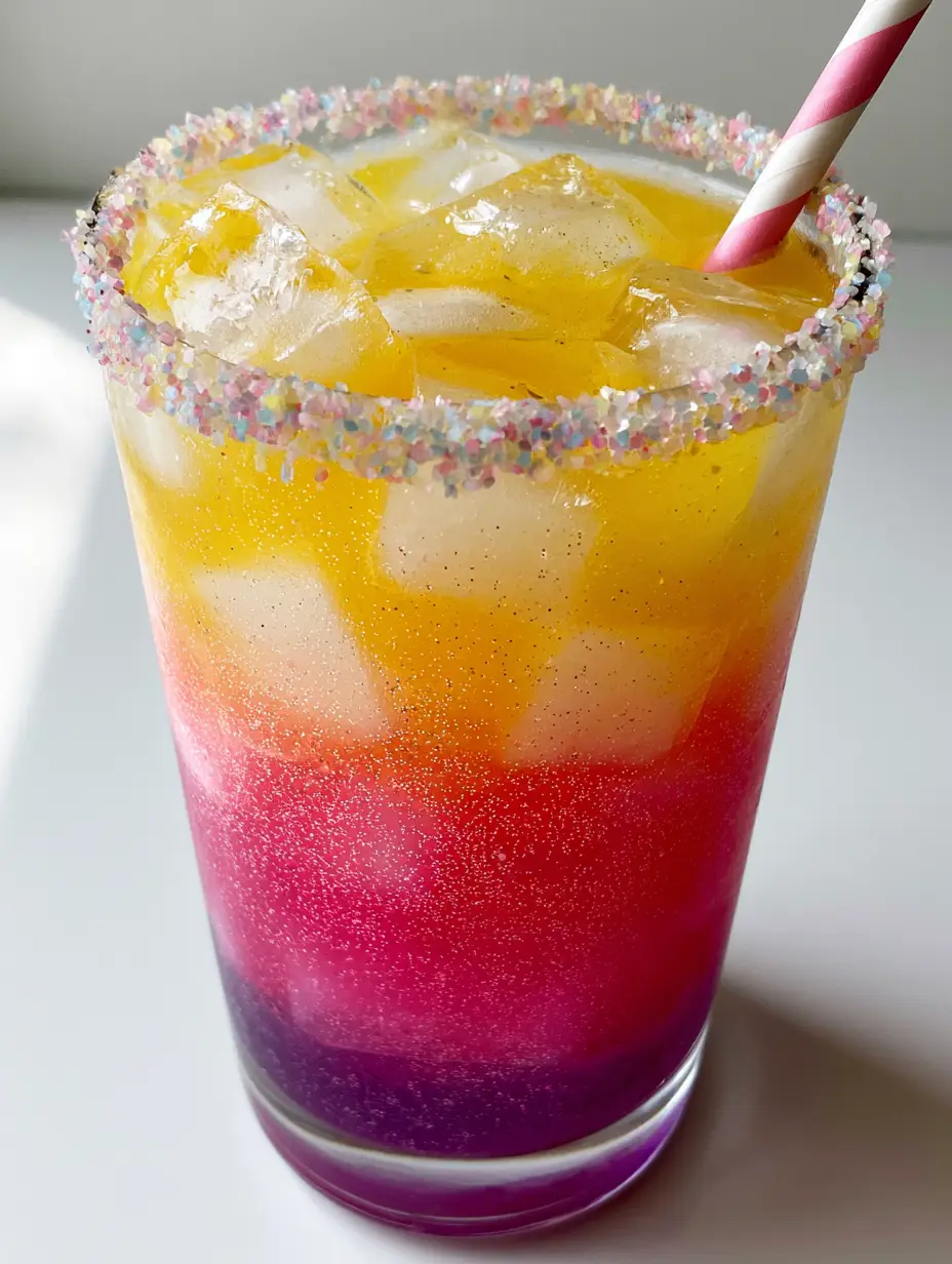 Unicorn Lemonade Recipe: A Magical Layered Party Drink 3 Close up of a Unicorn Lemonade Recipe showing square clear ice cubes and fine edible shimmer dust in the liquid.