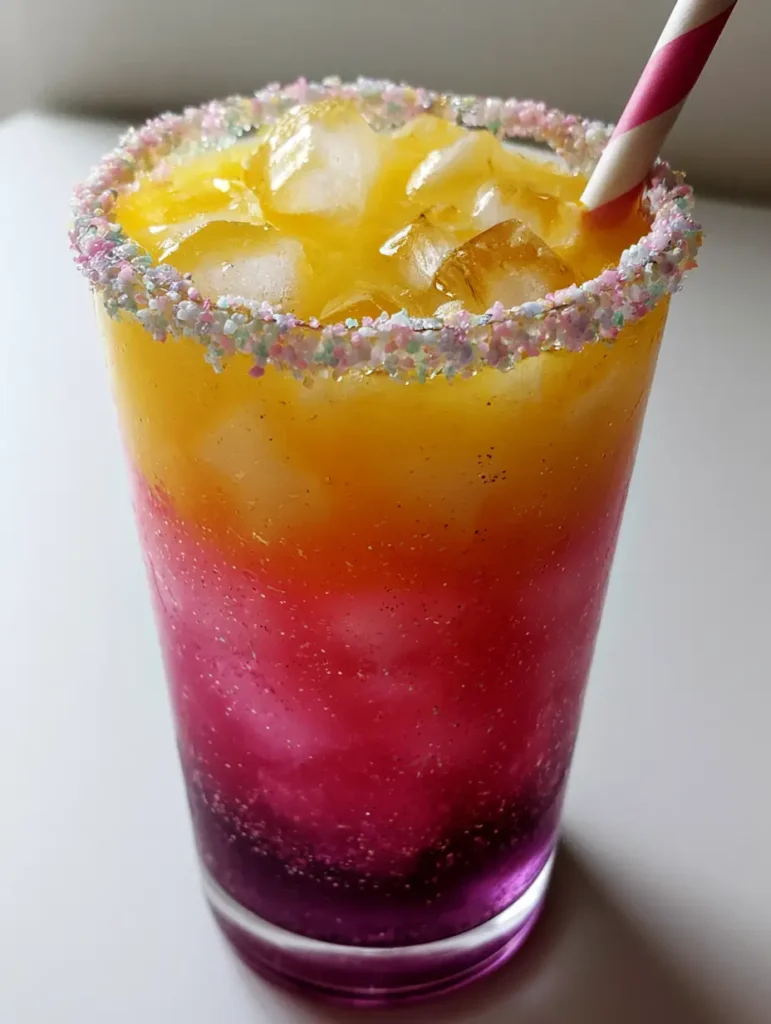 Unicorn Lemonade Recipe: A Magical Layered Party Drink 1 A smartphone-style photo of a Unicorn Lemonade Recipe sitting on a white surface in natural daylight.