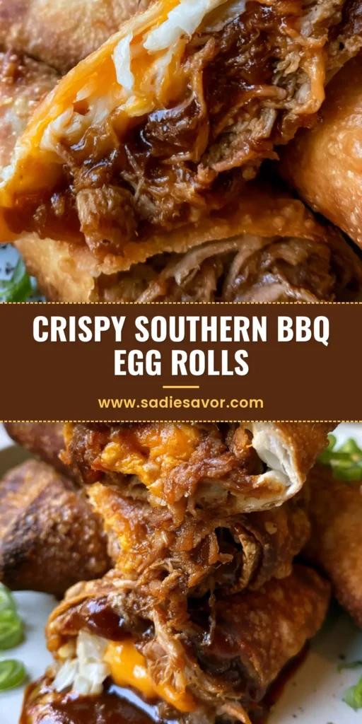 BBQ Egg Rolls with Smoky Pulled Pork and Melted Cheddar 4 A pile of golden-brown BBQ Egg Rolls sliced on a white plate with visible mahogany sauce and melted cheddar. (BBQ Egg Rolls)