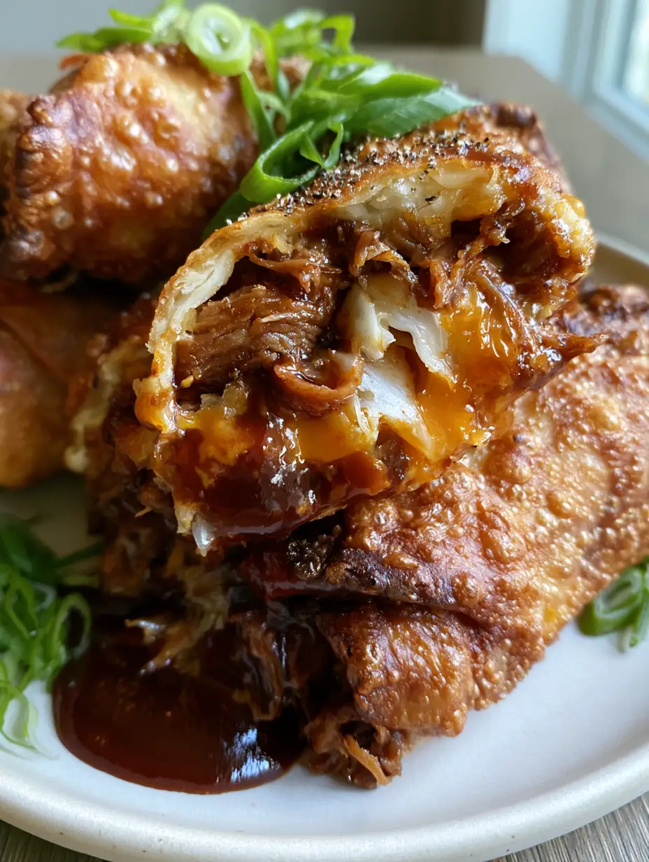 BBQ Egg Rolls with Smoky Pulled Pork and Melted Cheddar 3 Close-up handheld photo of sliced Southern BBQ Egg Rolls showing the cross-section of pork and cheese. (BBQ Egg Rolls)