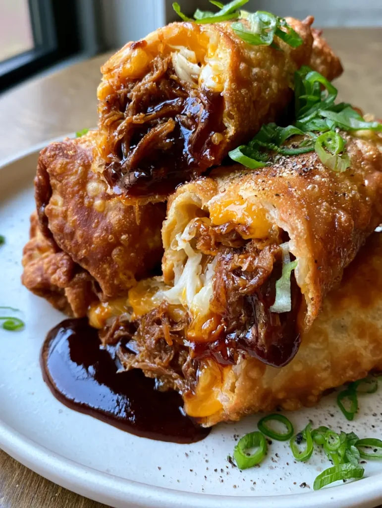 BBQ Egg Rolls with Smoky Pulled Pork and Melted Cheddar 1 Handheld shot of sliced BBQ egg rolls piled on a plate with green scallion garnish.