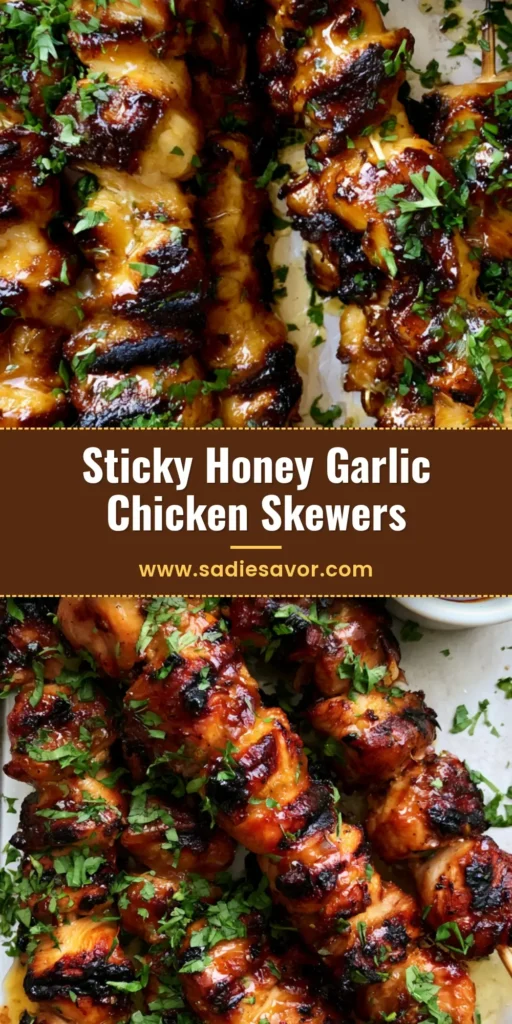 Honey Garlic Chicken Skewers: The Ultimate Charred & Glazed Summer Recipe 3 A close-up of Honey Garlic Chicken Skewers on an aluminum baking sheet, featuring charred edges and a glistening golden-amber glaze with fresh parsley garnish.